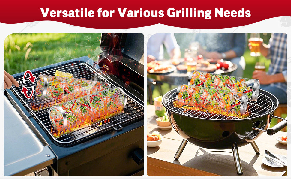 Rolling Grill Basket Grill Gifts For Men, 304 Stainless Steel, All-in-One Grilling Accessories For Vegetable Meat Food, Smoker BBQ Tools For Cook