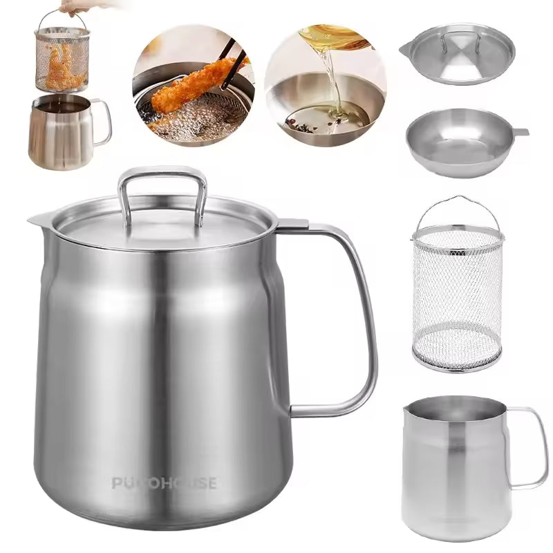 2L Stainless Steel Oil Filter Pot, With Fine Mesh Filter, Oil Storage Tank, Frying Basket