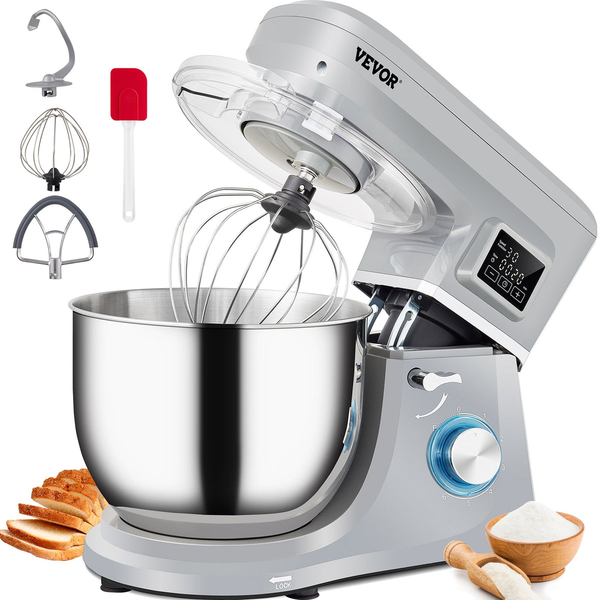 Stand Mixer, 660W Electric Dough Mixer With 6 Speeds LCD Screen Timing, Tilt-Head Food Mixer With 7.4 Qt Stainless Steel Bowl, Dough Hook, Flat B