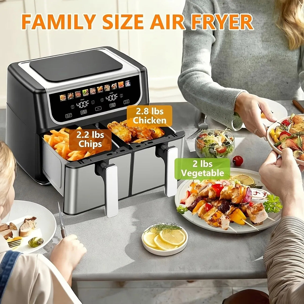 9.5 Quart Large Dual Basket Air Fryer With Double Basket, Independent Temp Control & Sync Mode, 10 Presets - Bake&Broil&Defrost&Dehydrate, Shake