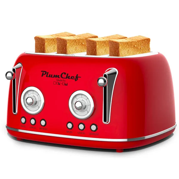 4 Slice Retro Style Toaster, Dual Control Toaster With Warming Rack, 6 Browning Settings, Bagel/Defrost Functions, Removable Crumb Tray, Stainles