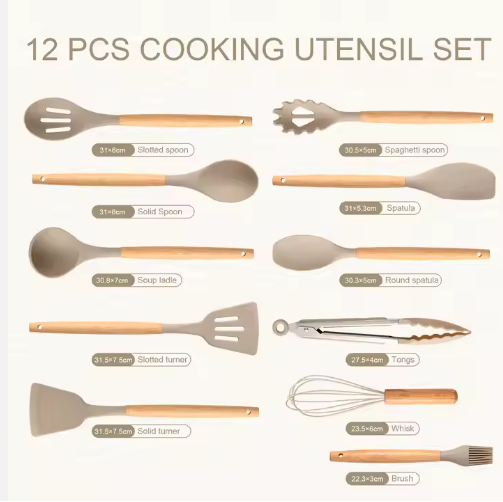 Non-Stick Silicon 12 Pcs Heat Resistant Wooden Handle Kitchen Cooking Utensils Set, Khaki Color
