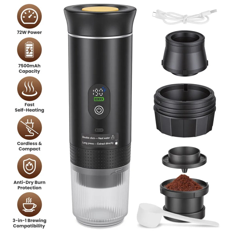 3-in-1 Portable Espresso Machine Cordless Self-Heating Coffee Maker With 7500mAh Battery 20Bar Pressure Anti-Dry Burn Fit For Ground Coffee&NS&DG