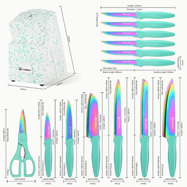 14-Piece Rainbow Colored High Carbon Stainless Steel Kitchen Knife Set, Titanium Coated Blade, Rust-Free & Super Sharp, Flatware Set With Wooden