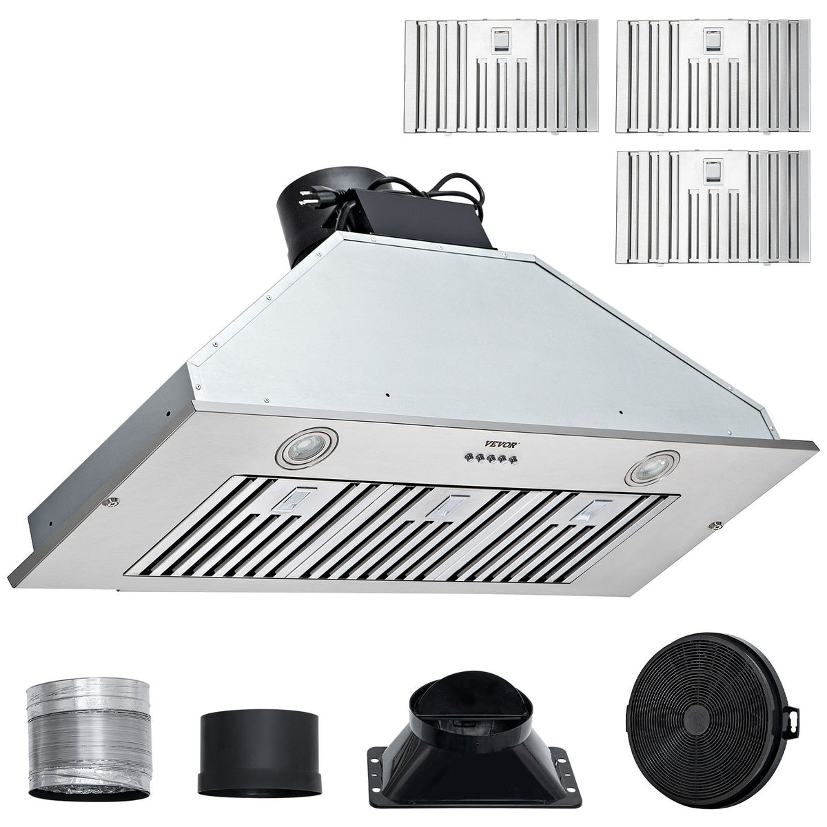 Insert Range Hood, 800CFM 3-Speed, 36 Inch Stainless Steel Built-in Kitchen Vent With Push Button Control LED Lights Baffle Filters, Ducted/Ductl