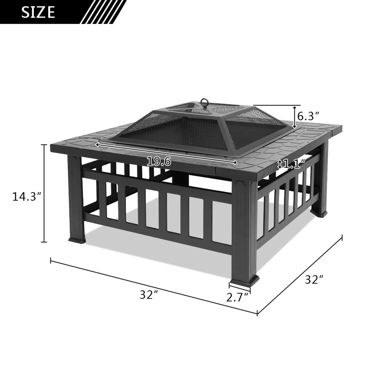 32 Inch Multifunctional Fire Pit Table  Square Metal Firepit Stove Backyard Patio Garden Fireplace For Camping, Outdoor Heating, Bonfire And Picn