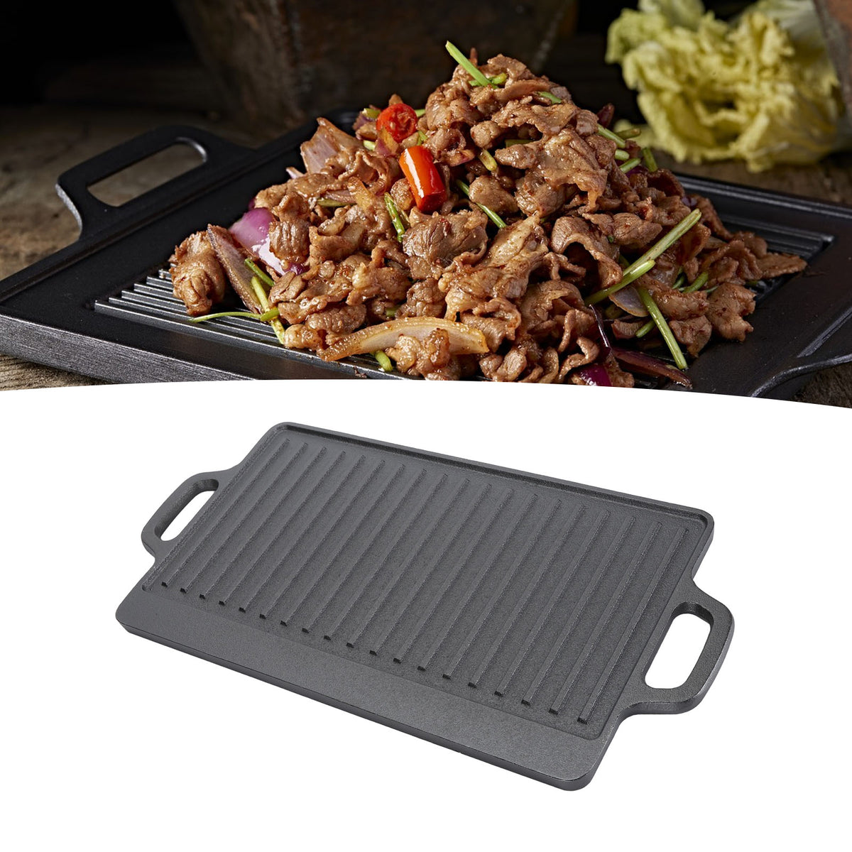 Cast Iron Rectangular Grill Multipurpose Safe Large Space Double Sided Double Ears Cast Iron Griddle For BBQ Gas Grill 44x23x2cm / 17.3x9.1x0.8in
