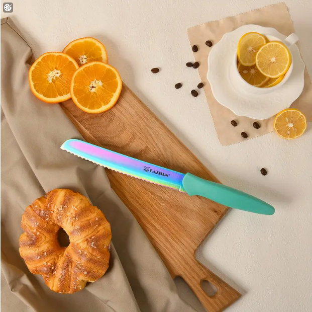 14-Piece Rainbow Colored High Carbon Stainless Steel Kitchen Knife Set, Titanium Coated Blade, Rust-Free & Super Sharp, Flatware Set With Wooden