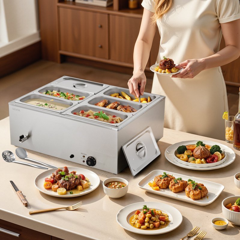 Commercial Food Warmer 6-Pan 1500W Countertop Buffet Bain Marie With Lid