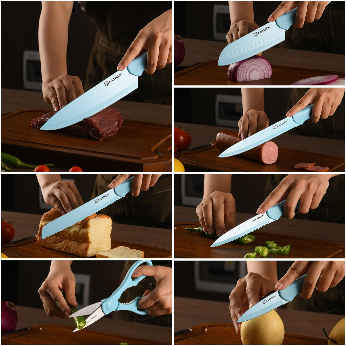 Kitchen Knife Set With Guards, 13 Piece Blue Non-Stick Stainless Steel Boxed Knives Set, Anti-Rust And Dishwasher Safe, 6 Knives With 6 Blade Cov