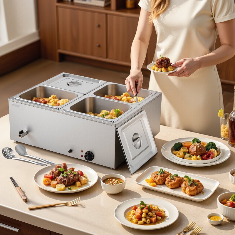 Commercial Food Warmer 4-Pan 1500W Countertop Buffet Bain Marie With Lid