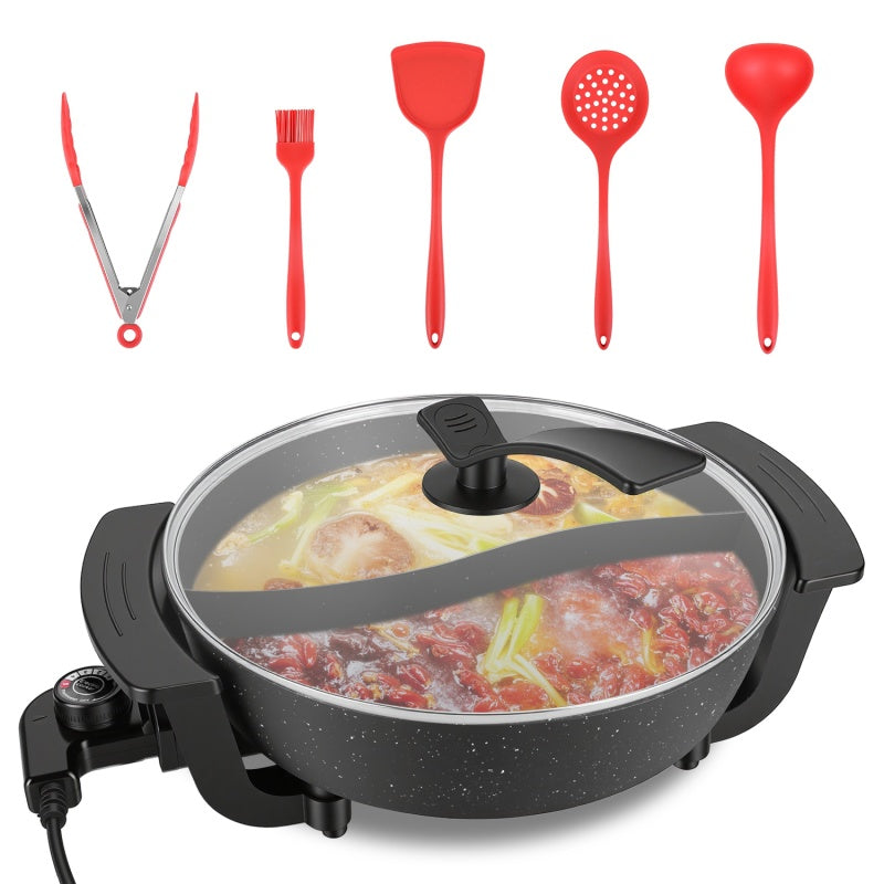 6L Electric Hot Pot With Divider 1100W Dual-Flavor Pot Shabu Shabu Pot Non-Stick With 5-Temp Control For Shabu Shabu Fondue Perfect For Family Ga