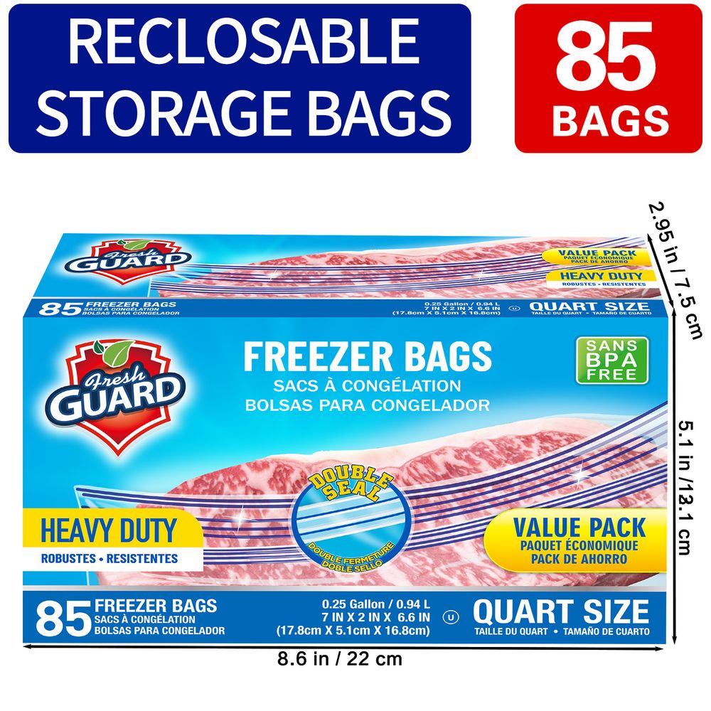 85 Count Heavy Duty Freezer & Refrigerator Storage Bags - Quart Size, Resealable with Easy-Open Tabs, Heavy Duty Heavy Duty Design for Fruits