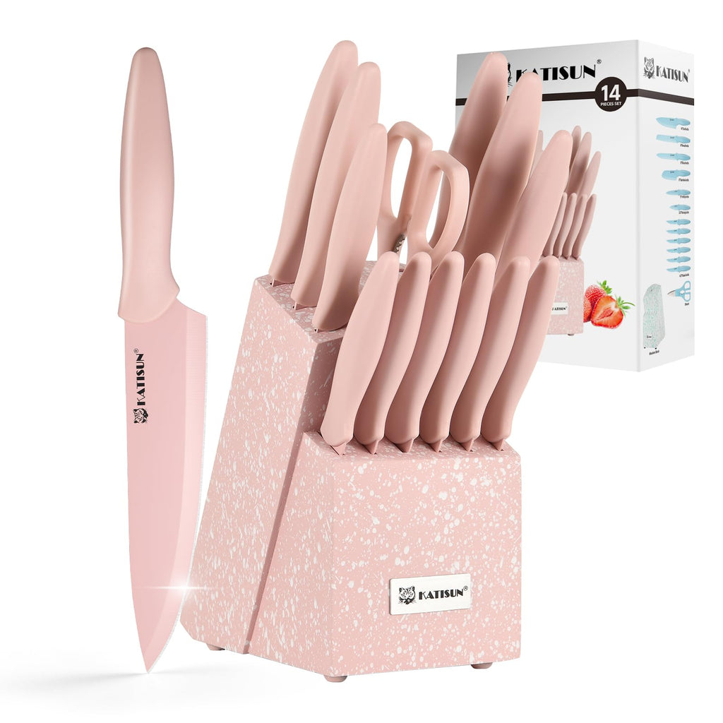 Kitchen Knife Set With Block, 14 Piece Pink Non-Stick Paint Coating Stainless Steel Knives Set, Anti-Rust And Dishwasher Safe, 12 Knives With Kit
