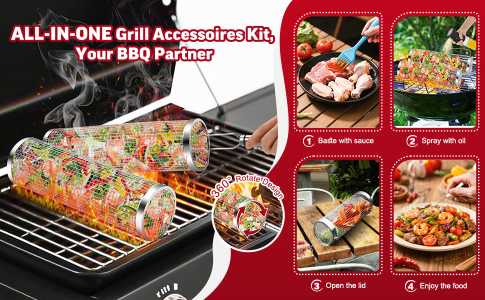 Rolling Grill Basket Grill Gifts For Men, 304 Stainless Steel, All-in-One Grilling Accessories For Vegetable Meat Food, Smoker BBQ Tools For Cook