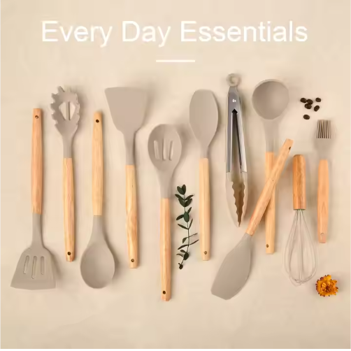 Non-Stick Silicon 12 Pcs Heat Resistant Wooden Handle Kitchen Cooking Utensils Set, Khaki Color