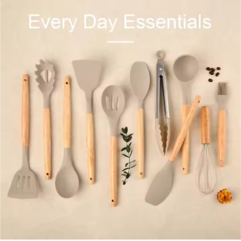 Non-Stick Silicon 12 Pcs Heat Resistant Wooden Handle Kitchen Cooking Utensils Set, Khaki Color