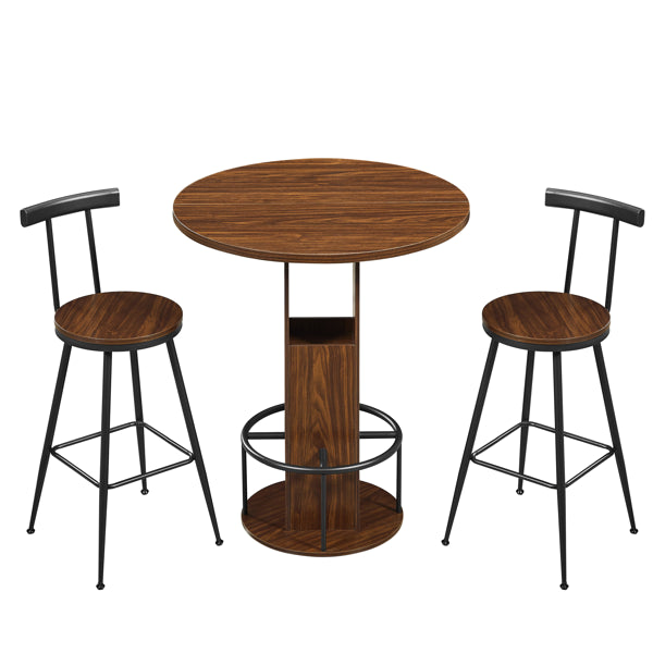 3-Piece Bar Table And Stool Set 31.5-inch Round Bar Table With Two Stools Compact Wooden Dining Bar With Metal Ring Footrest Ideal For Restaurant