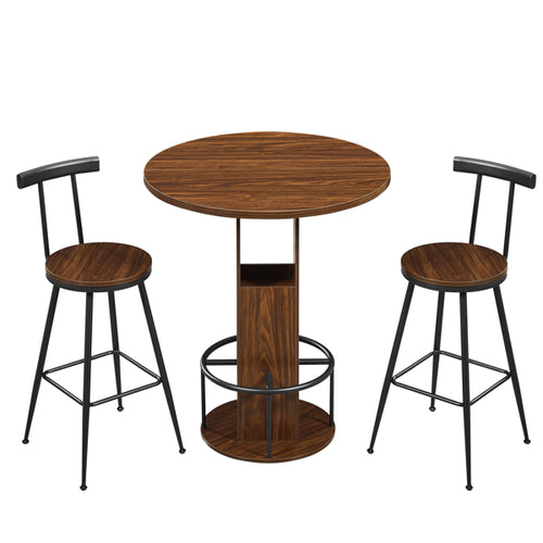 3-Piece Bar Table And Stool Set 31.5-inch Round Bar Table With Two Stools Compact Wooden Dining Bar With Metal Ring Footrest Ideal For Restaurant