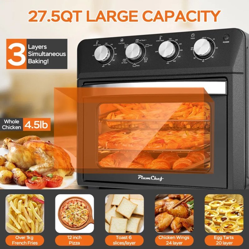 27.5QT 6-in-1 Air Fryer Toaster Oven Dropdown-Door 6-Slice Countertop Convection Oven For Air Frying, Baking, Roasting, Broiling & Grilling, 1600