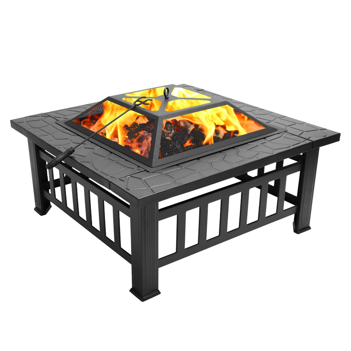 32 Inch Multifunctional Fire Pit Table  Square Metal Firepit Stove Backyard Patio Garden Fireplace For Camping, Outdoor Heating, Bonfire And Picn