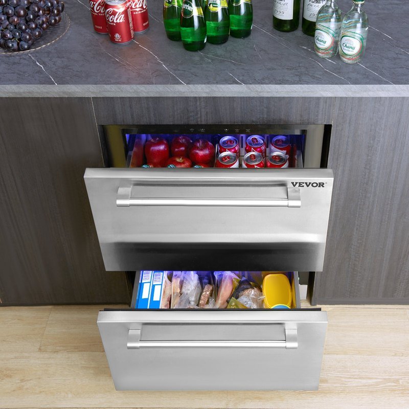 24 Inch Undercounter Refrigerator, 2 Drawer Refrigerator With Different Temperature, 4.87 Cu.ft. Capacity, Waterproof Indoor And Outdoor Under Co