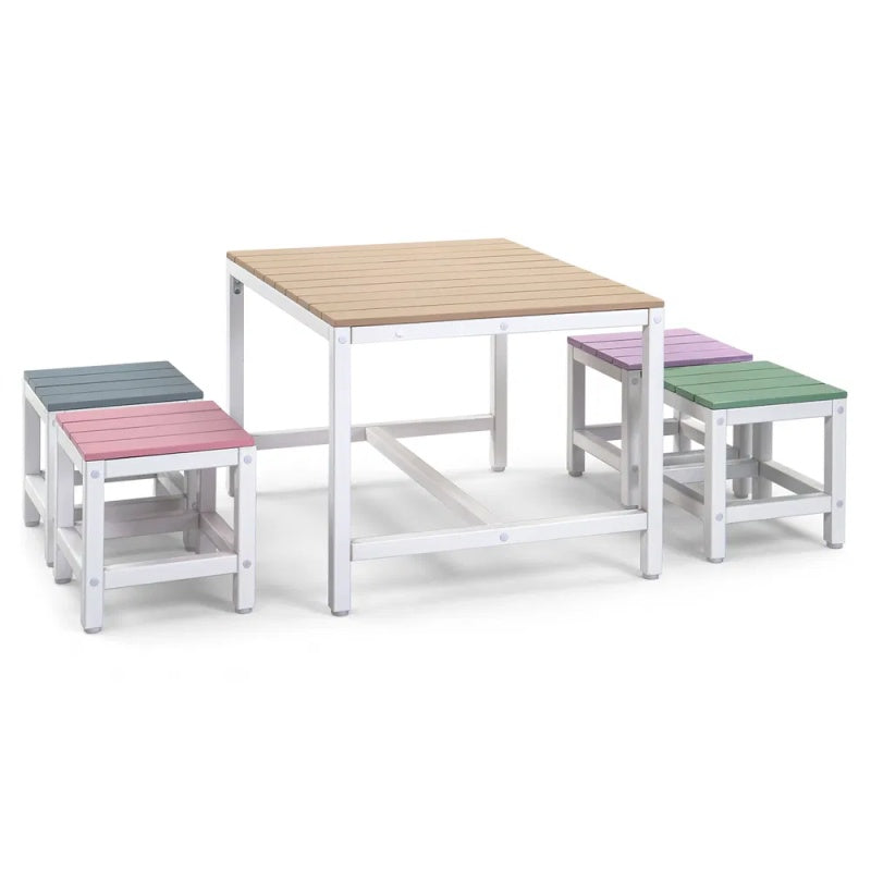 5-piece Children's Patio Table And Chair Set - 1 Table & 4 Stools, 29.5 Inches, Khaki, Pink, Purple, Blue, And Green Color Blocking, Made Of Popl