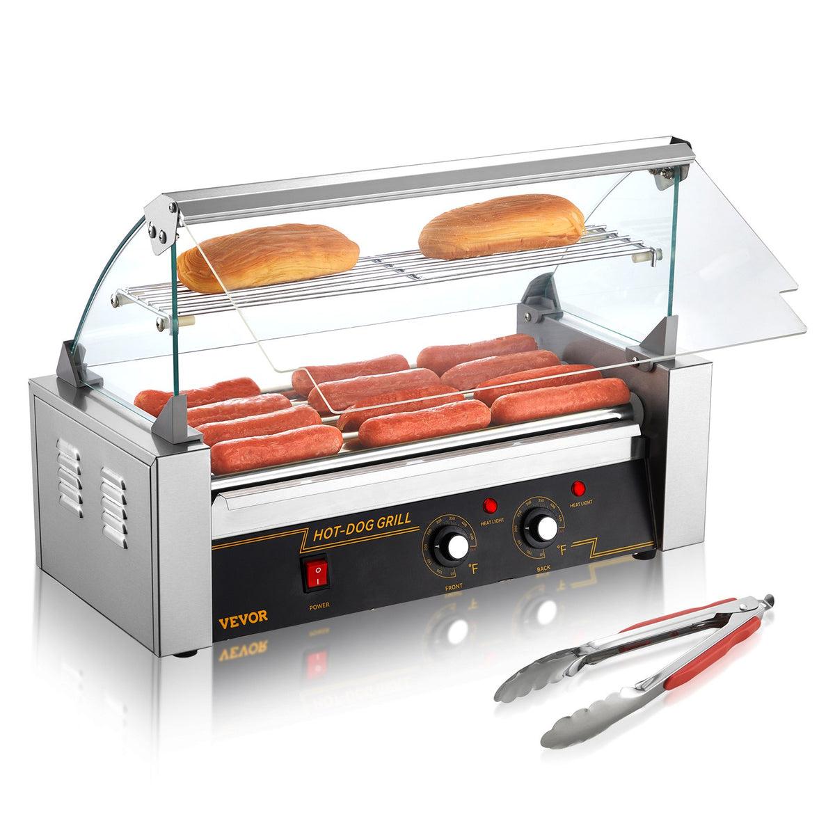 Hot Dog Roller 5 Rollers 12 Hot Dogs Capacity, 750W Stainless Sausage Grill Cooker Machine With Dual Temp Control Glass Hood Acrylic Cover Bun Wa