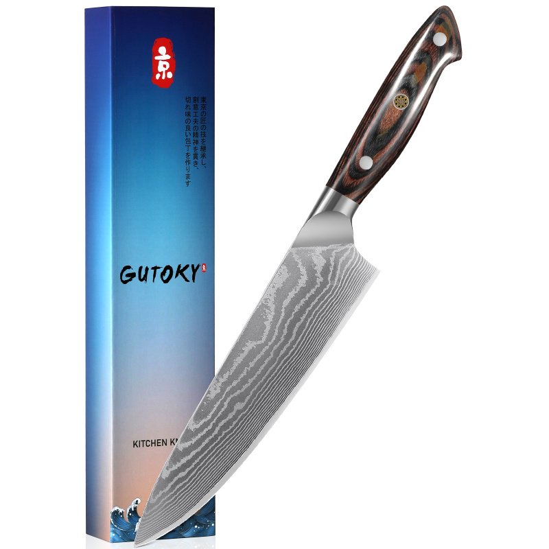 8 Inch Japanese Chef Knife, 10CR15MOV Damascus Rose Pattern Blade With Sheath, Ultra Sharp Professional Kitchen Slicing Knife, Colorful Pakkawood