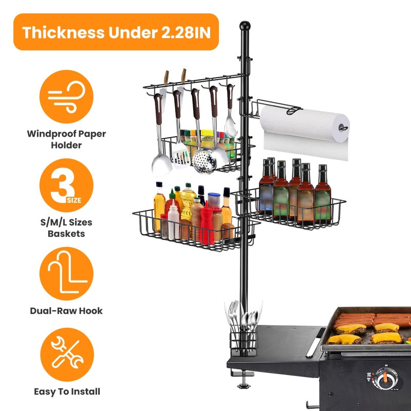 Standing BBQ Storage Caddy, Large Capacity Griddle Organizer With Multi-Size Baskets, Tool Hooks & Windproof Paper Towel Holder, Easy Assembly Fo