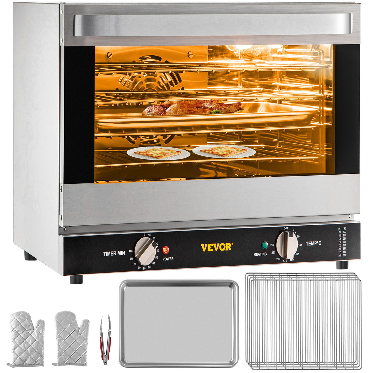 Commercial Convection Oven, 66L/60Qt, Half-Size Conventional Oven Countertop, 1800W 4-Tier Toaster W/ Front Glass Door, Electric Baking Oven W/ T