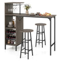 3PCS Bar Table & Stools Set, Wine Storage (6 Bottles + Wine Glass Holder), Oak