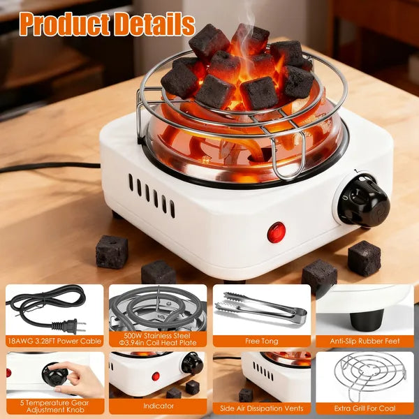 Electric Charcoal Burner 500W Hookah Charcoal Burner Compact Coal Burner For Hooka Cubes Shisha With Grill And Tongs 5 Temperature Gears Thermost