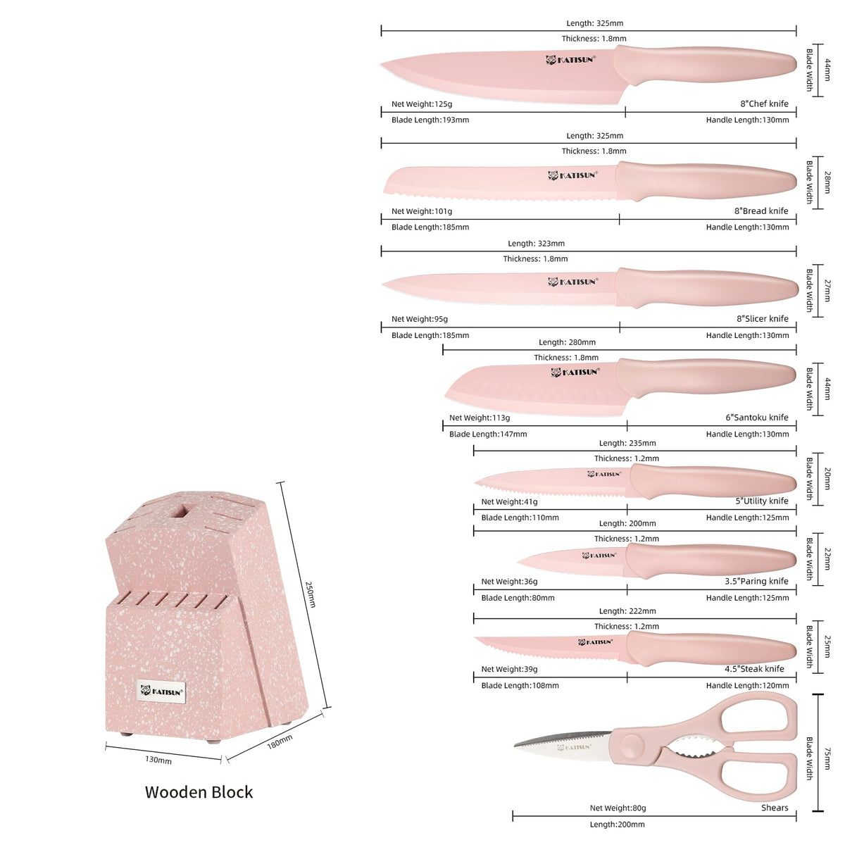 Kitchen Knife Set With Block, 14 Piece Pink Non-Stick Paint Coating Stainless Steel Knives Set, Anti-Rust And Dishwasher Safe, 12 Knives With Kit