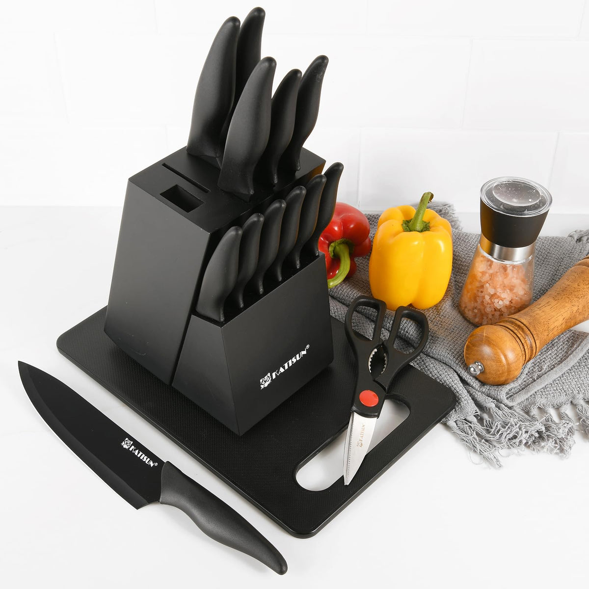 16 Pieces Kitchen Knife Block Set With Cutting Board, German Stainless Steel Knife Set With Sharpener, Dishwasher Safe, Anti-Slip Handle, 6 Steak