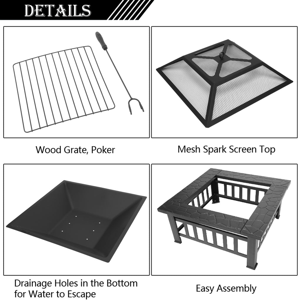 32 Inch Multifunctional Fire Pit Table  Square Metal Firepit Stove Backyard Patio Garden Fireplace For Camping, Outdoor Heating, Bonfire And Picn