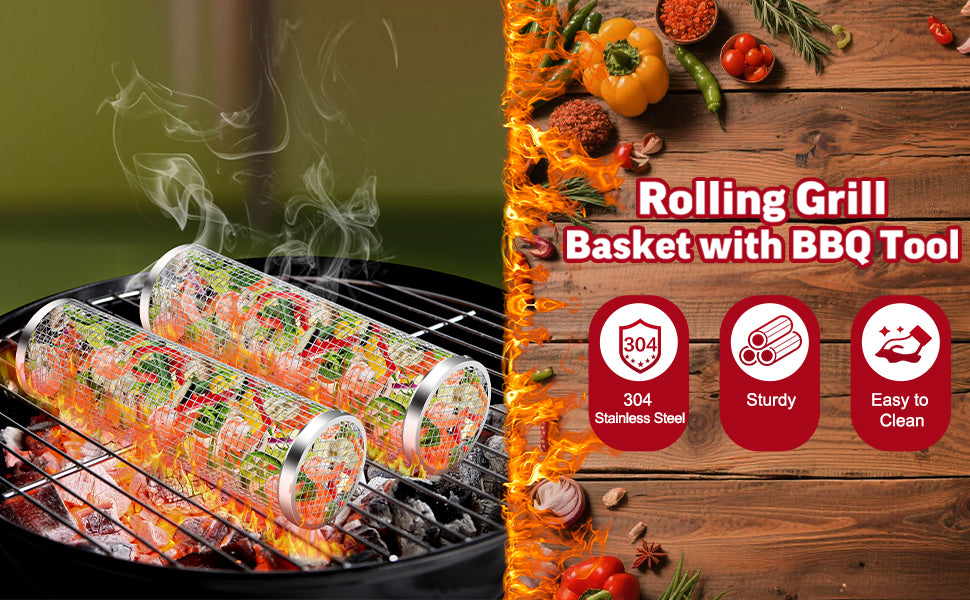 Rolling Grill Basket Grill Gifts For Men, 304 Stainless Steel, All-in-One Grilling Accessories For Vegetable Meat Food, Smoker BBQ Tools For Cook