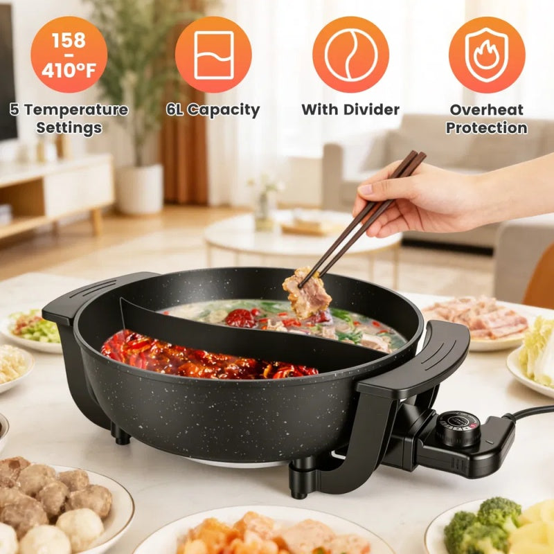 6L Large Capacity Electric Hot Pot With Divider, 5 Gear Adjustable Temperature Non-Stick Electric Cooker, Multifunctional Fondue Pot For 3-6 Peop