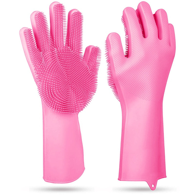 1 Pair Silicone Brush Dishwashing Gloves Cleaning Sponge Pet Scrubber Heat Resistant Wash Gloves