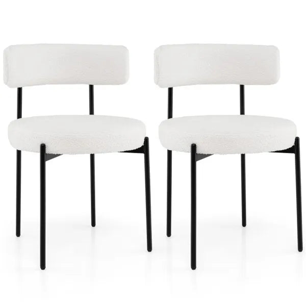2 PCS White Sherpa Upholstered Dining Chair, Ergonomic Curved Backrest & Wide Round Seat