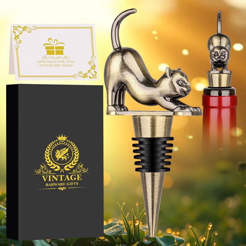 Elegant Upturned Cat Shaped Red Wine Stopper Set With Metallic Luster Bottle Stopper Gift Box, High-end Accessories For Wine Enthusiasts, A Must-