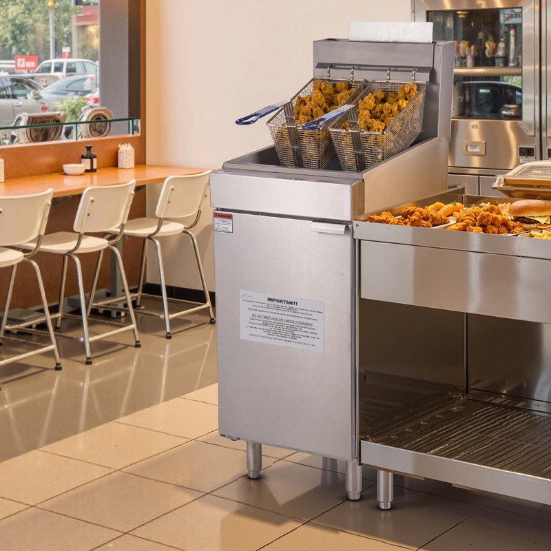 Commercial Deep Fryer Free Standing Natural Gas Fryer 3-Burner Dual Baskets