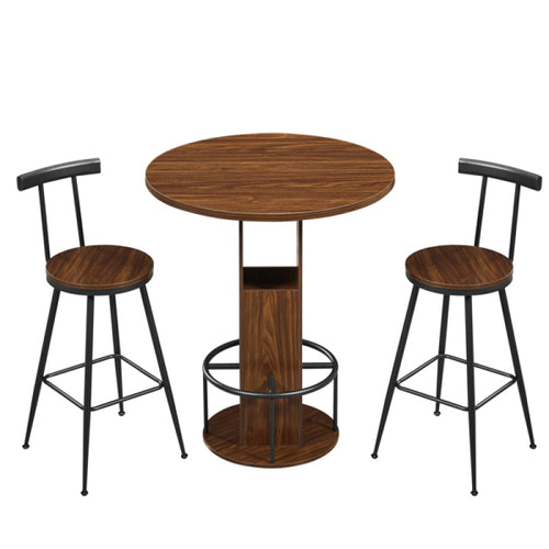 3-Piece Bar Table And Stool Set 31.5-inch Round Bar Table With Two Stools Compact Wooden Dining Bar With Metal Ring Footrest Ideal For Restaurant
