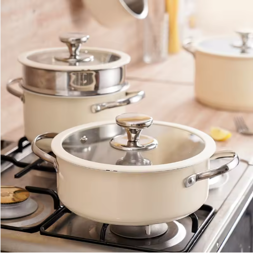9pcs Stainless Steel Ceramic Coated Pot Set, Including 1 Milk Pot, 2 Stockpots, 1 Non-stick Pan, 4 LIDS And 1 Steamer