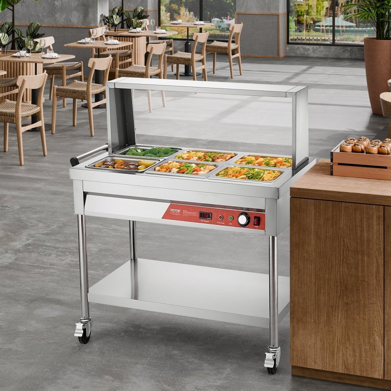 6 X 1/2 Pans Commercial Food Warmer Steam Table With Undershelf And Shield