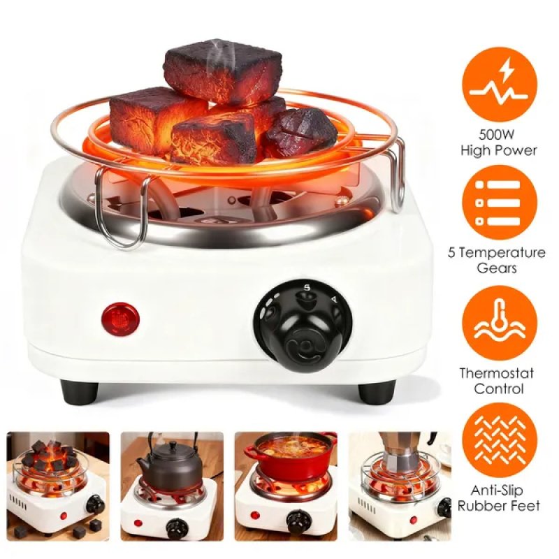Electric Charcoal Burner 500W Hookah Charcoal Burner Compact Coal Burner For Hooka Cubes Shisha With Grill And Tongs 5 Temperature Gears Thermost