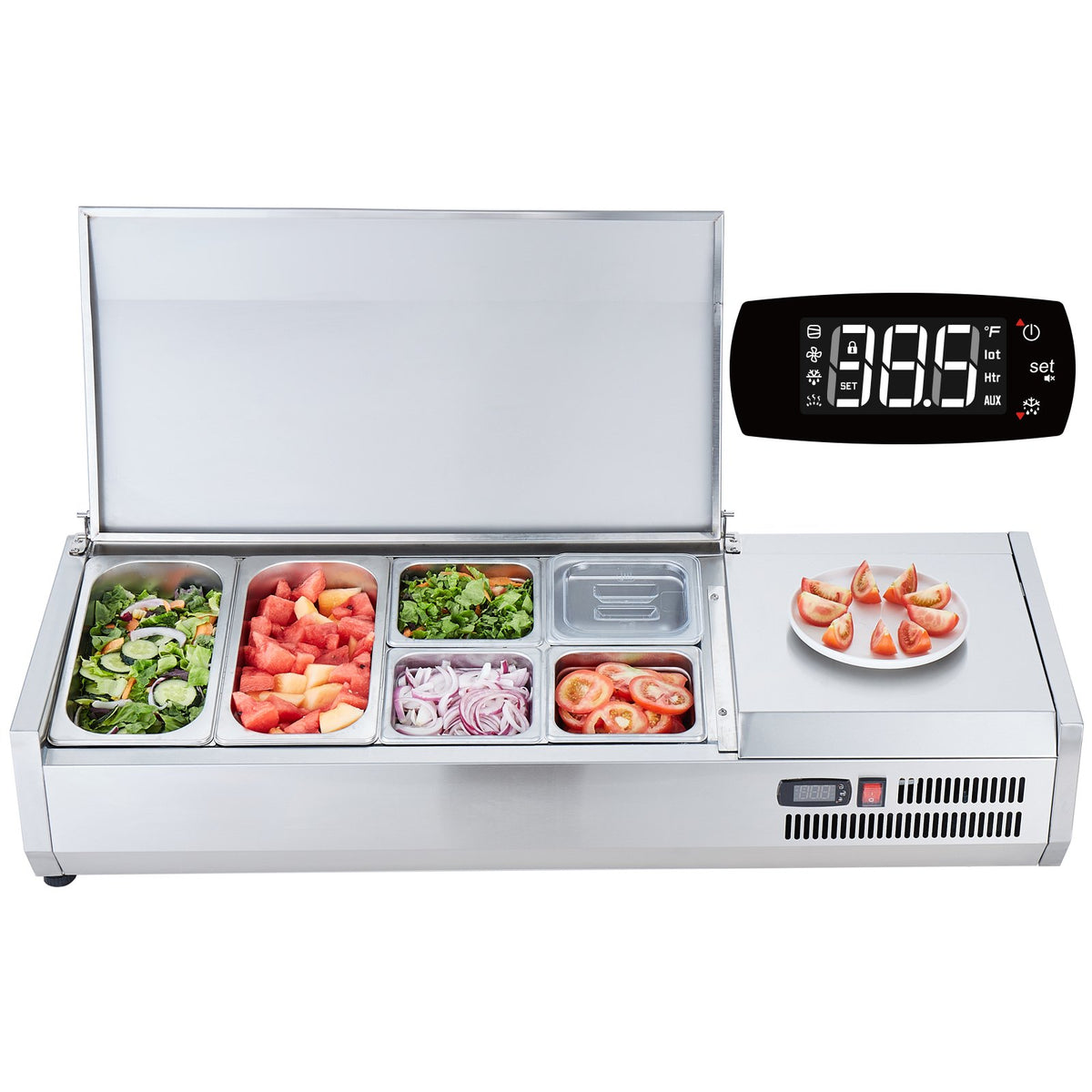 Refrigerated Condiment Prep Station, 135 W Countertop Refrigerated Condiment Station, With 2 1/3 Pans & 4 1/6 Pans, 304 Stainless Body And PC Lid