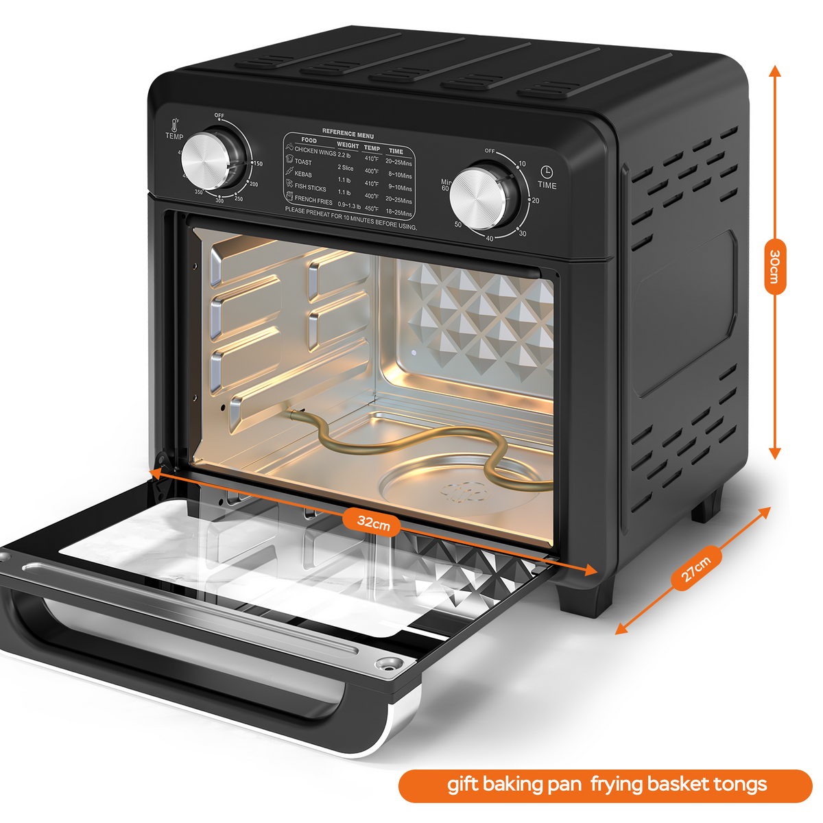 11QT Compact Air Fryer Toaster Oven, 1000W, Convection Countertop, With Reference Menus, 2-Slice Toaster, Adjustable Time And Temperature, Black,
