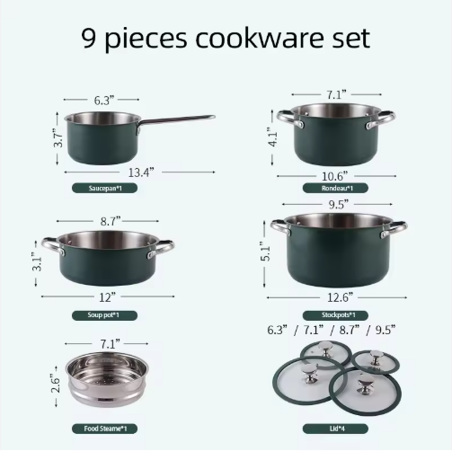 4pcs Stainless Steel Ceramic Coated Pot Set, Including 1 Milk Pot, 2 Stockpots, 1 Non-stick Pan, 4 LIDS And 1 Steamer Green