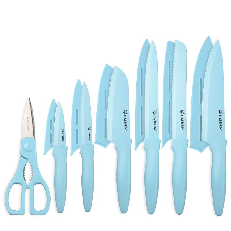 Kitchen Knife Set With Guards, 13 Piece Blue Non-Stick Stainless Steel Boxed Knives Set, Anti-Rust And Dishwasher Safe, 6 Knives With 6 Blade Cov